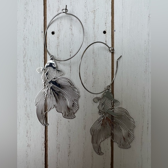 Oversized Silver Fish Hoop Earrings - Unique Statement Hoop Earrings - Picture 5 of 12